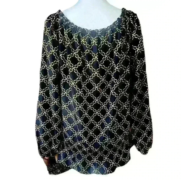 Michael Kors ladies blouse Large black w gold chain print long sleeve Exc Cond - Picture 1 of 8
